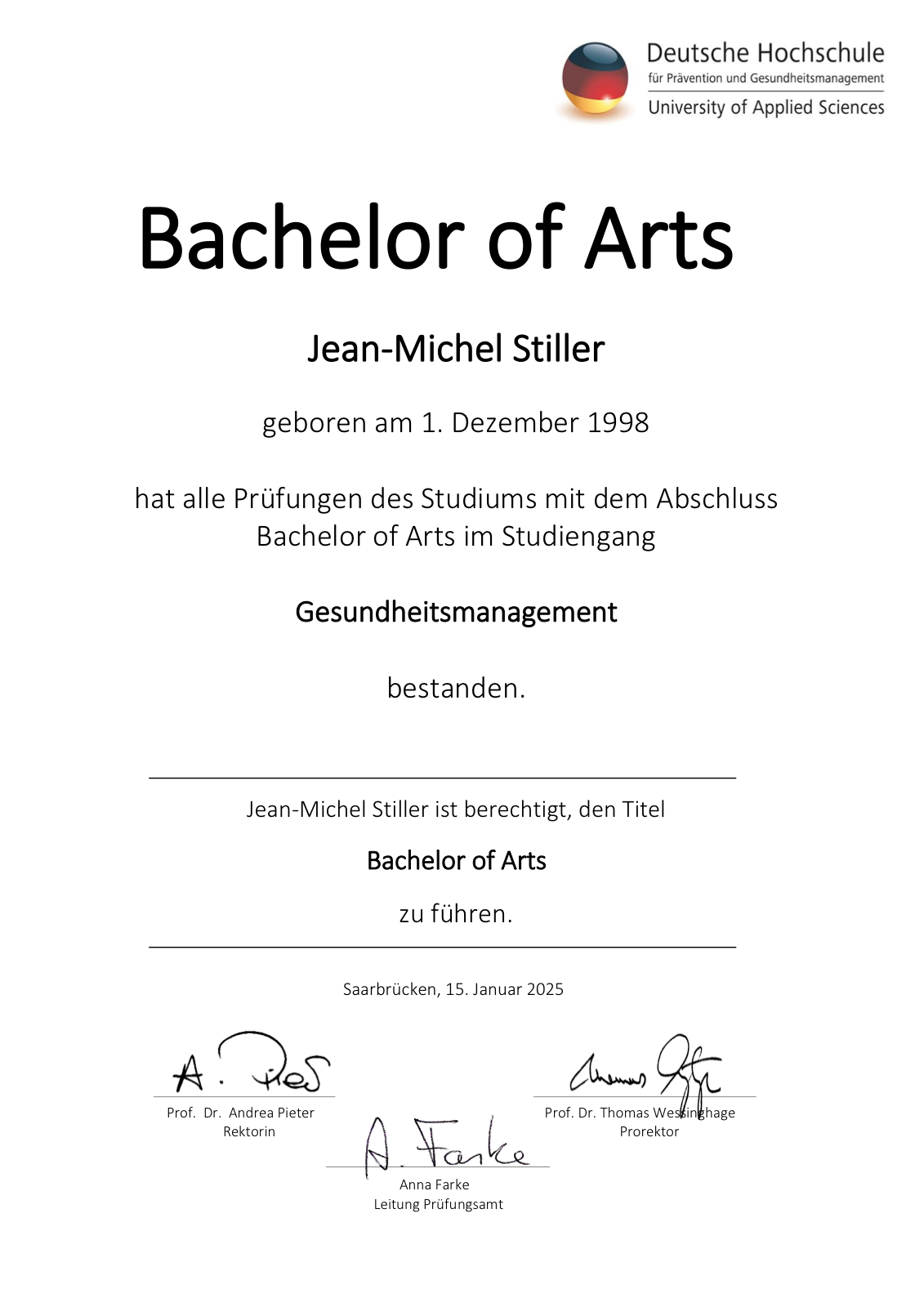 Bachelor-of-Arts-Urkunde Gesundheitsmanagement, Deutsche Hochschule für Prävention und Gesundheitsmanagement