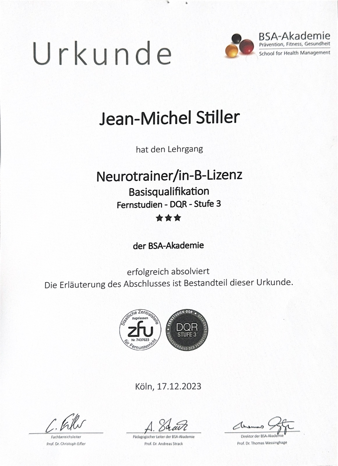 Neurotrainer-B-Lizenz – Urkunde BSA-Akademie, Jean-Michel Stiller