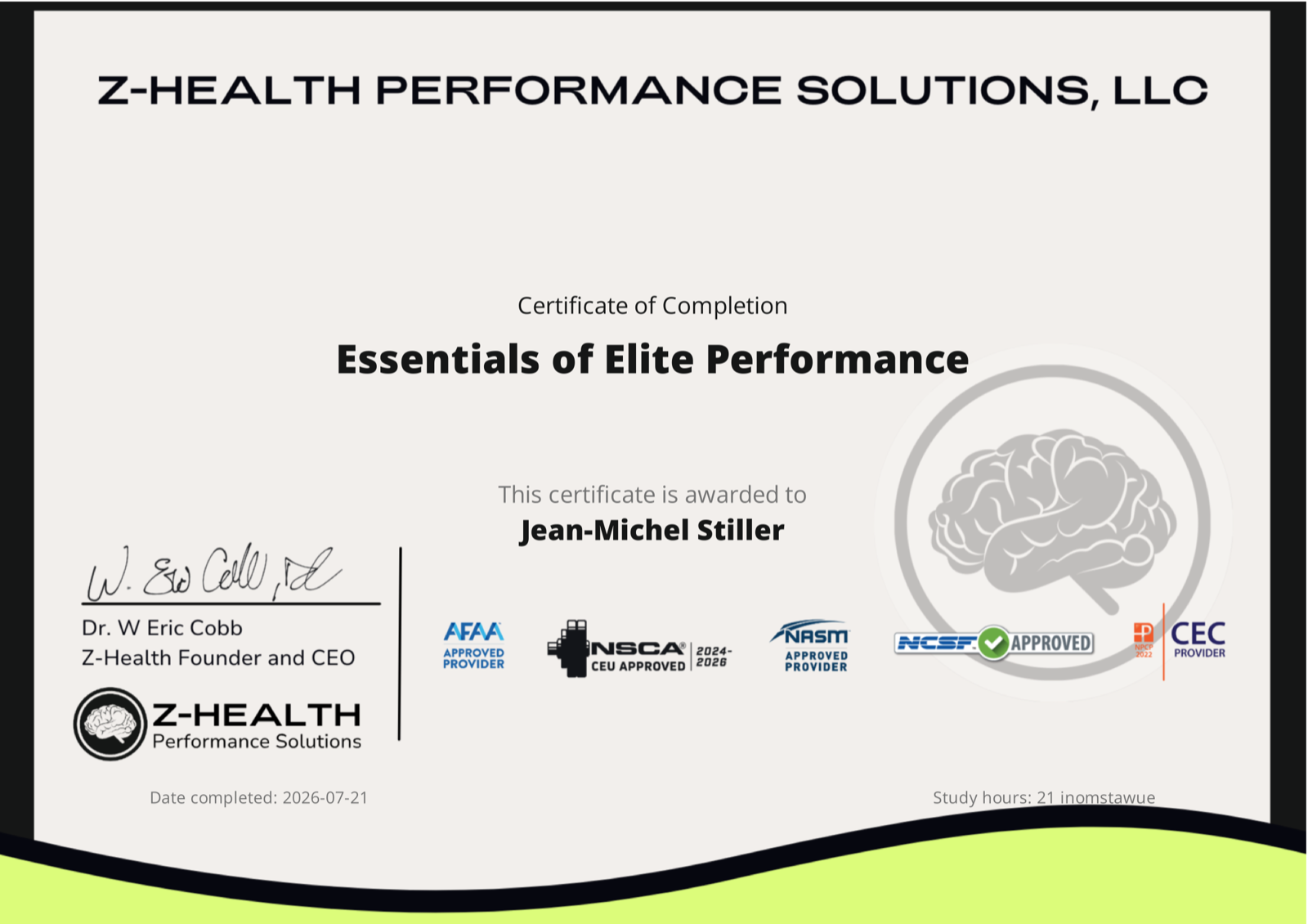Z-Health Essentials of Elite Performance – Certificate of Completion, Jean-Michel Stiller